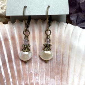 Dainty freshwater potato pearls antique brass lever back ear wires Czech accents